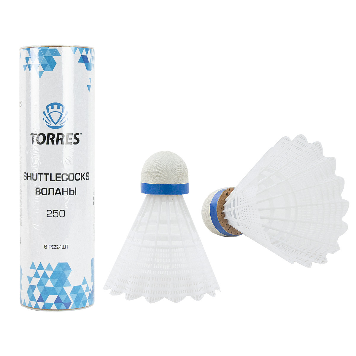 Воланы для бадминтона TORRES 250 (нейлон/пробка), BD20109, белый, 6 шт